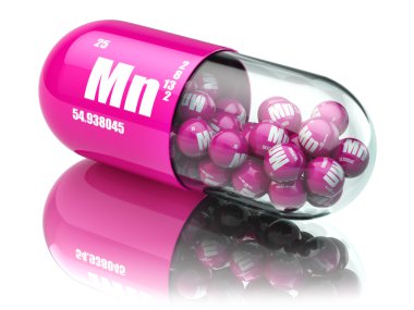 Pills with manganese Mn element Dietary supplements. Vitamin cap clipart