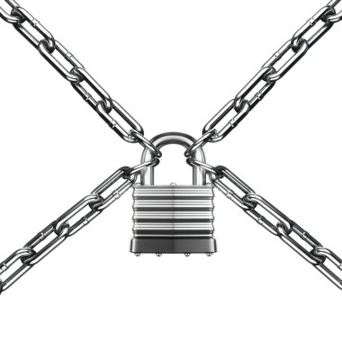 Güvenlik kavramı. Kilit ve zinciri. Koruma altında. 3D