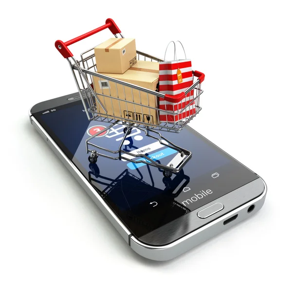 Concepto de compras online. Teléfono móvil o smartphone con carrito —  Fotos de Stock