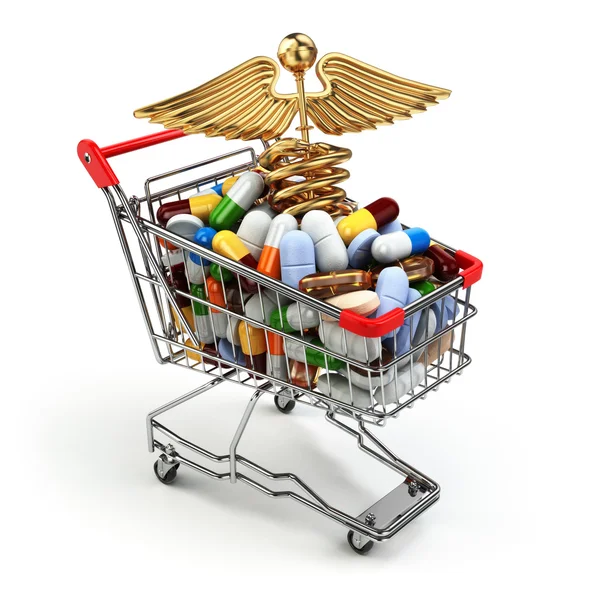 Concepto de medicina farmacéutica. Carrito de compras con pastillas y caduceus —  Fotos de Stock