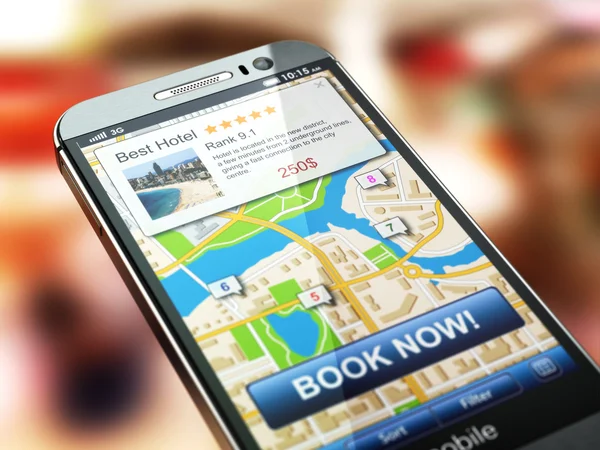 Online accommodation booking concept. Smartphone and system  hot — Stock Photo, Image