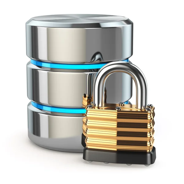 Koncepcji bezpieczeństwa przechowywania bazy danych. Dysk z zamkiem, — Zdjęcie stockowe