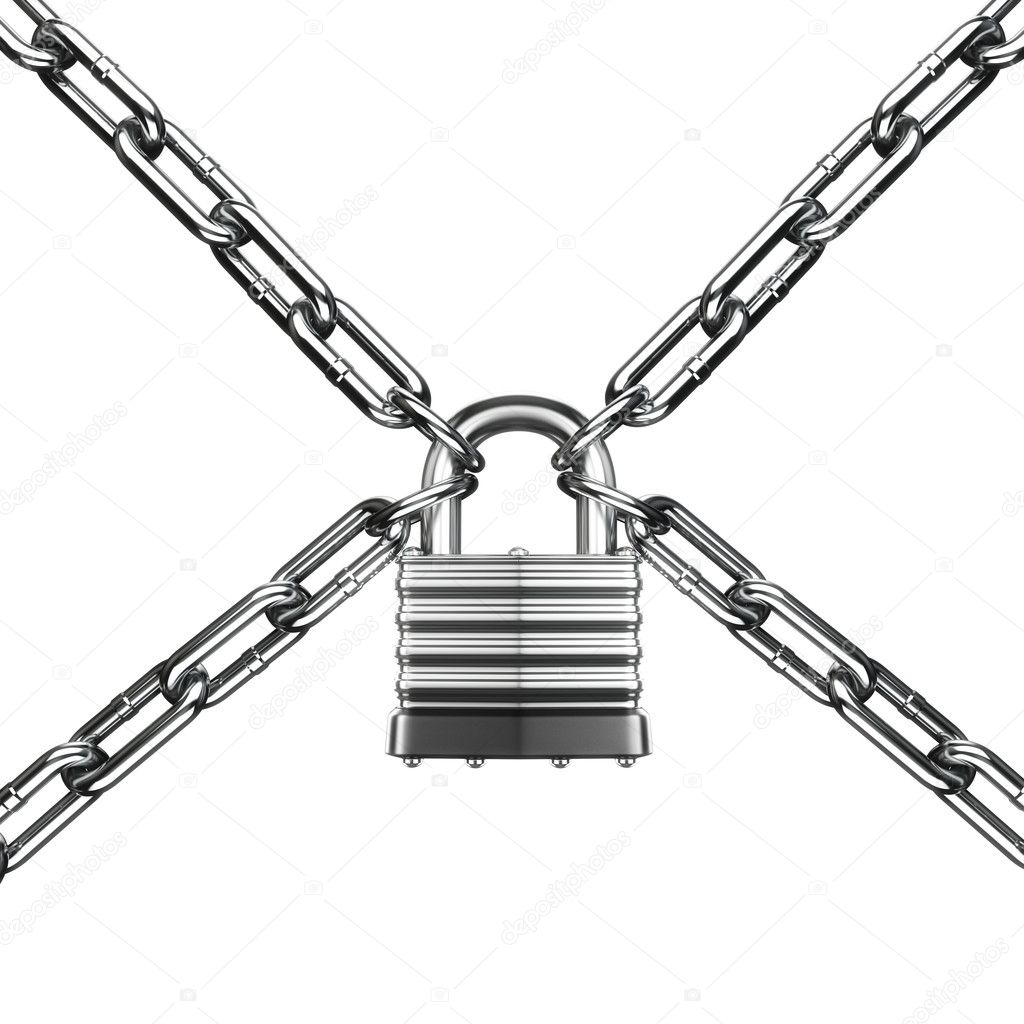 Security concept. Lock and chain. Under protection. 3d