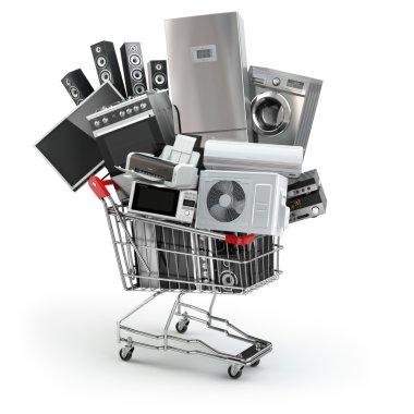Home appliances in the shopping cart. E-commerce or online shopp clipart