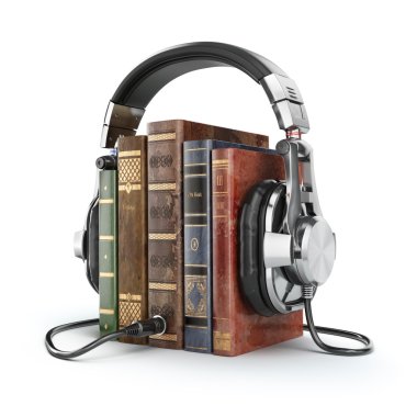 Audio books concept. Vintage books and headphones. clipart