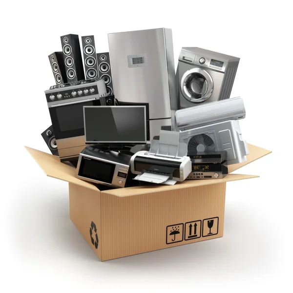 Entrega o concepto en movimiento. Electrodomésticos en caja. Nevera, washi — Foto de Stock