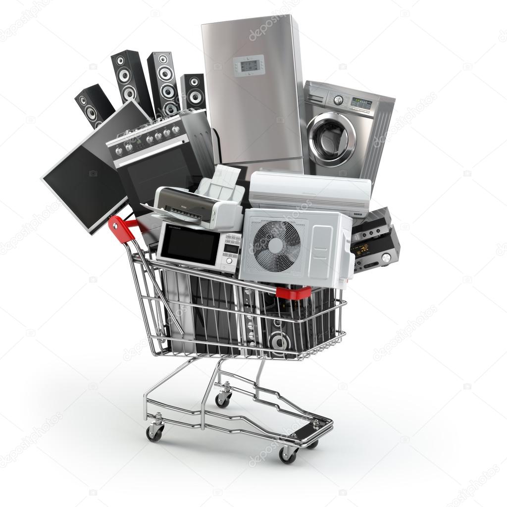 Home appliances in the shopping cart. or online shopp Stock