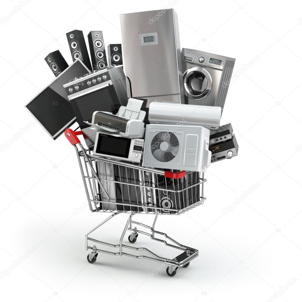 Home appliances in the shopping cart. E-commerce or online shopp