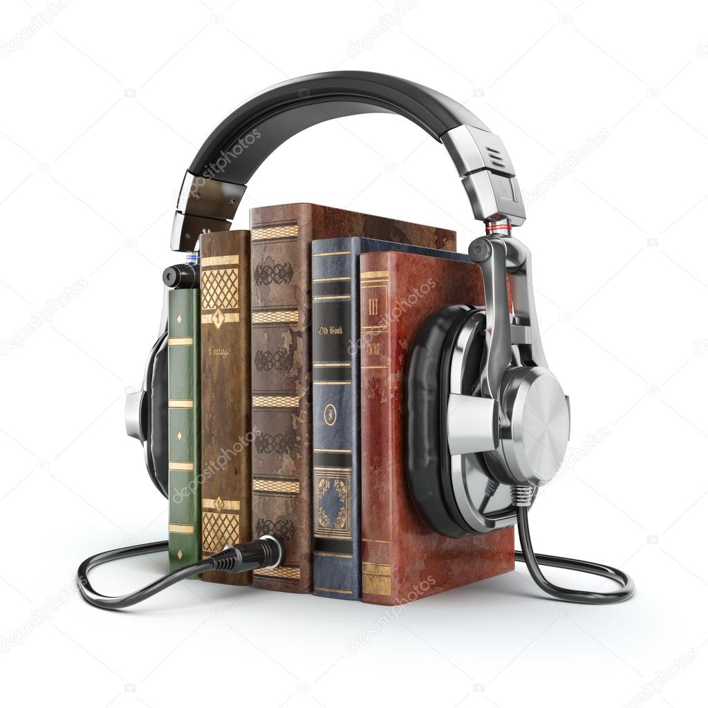 Audio books concept. Vintage books and headphones.