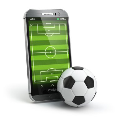 Mobil futbol. Futbol sahasında smartphone ekran ve topu.