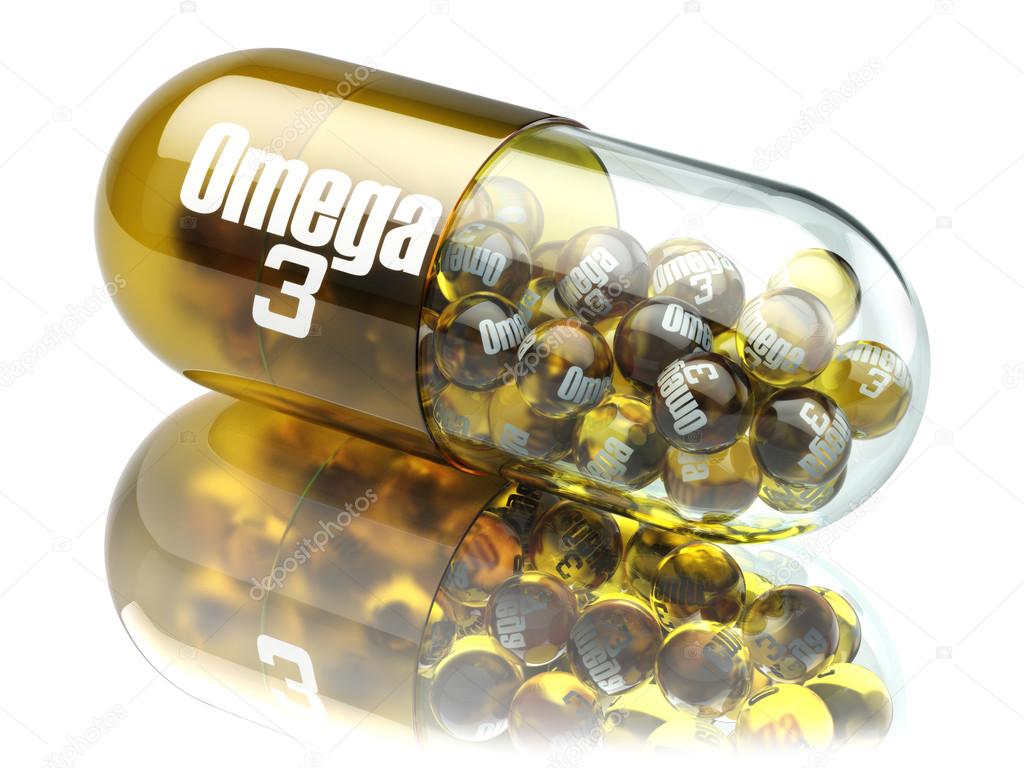 Pill with Omega 3  element. Dietary supplements. Vitamin capsule