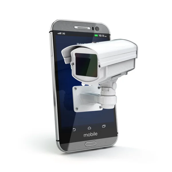 Mobile phone with CCTV camera. Security or privacy concept. — Stock Photo, Image