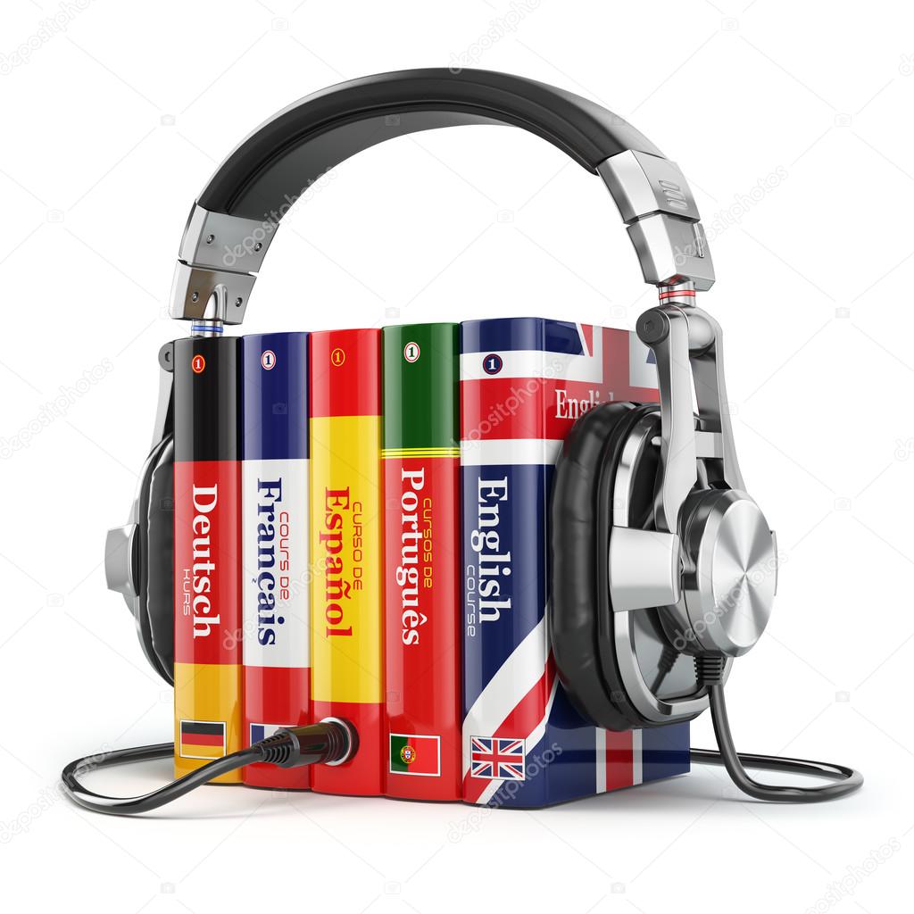 Learning languages online. Audiobooks concept. Books and headpho