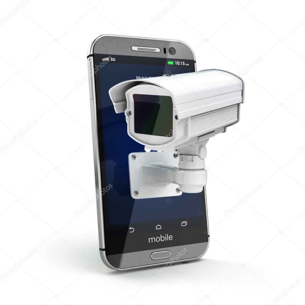 Mobile phone with CCTV camera. Security or privacy concept.