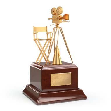 Film Ödülü. Altın vintage film kamera ve müdür koltuğu.