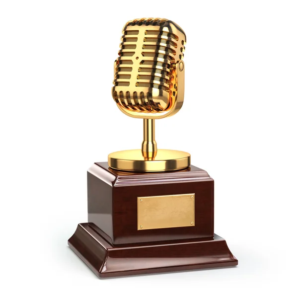Zene vagy újságírói díj fogalmát. Arany mikrofon elszigetelt w — Stock Fotó