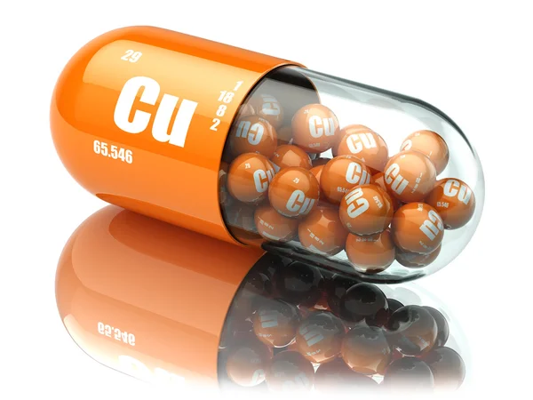 Pills with copper cuprum Cu element. Dietary supplements. Vitami — Stock Photo, Image