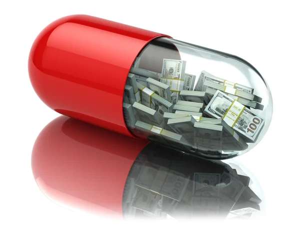 Dollar packs in the capsule, pill. Healthcare costs or financial — Stock Photo, Image