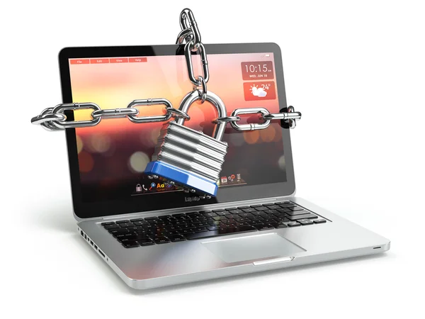 Computer security or safety concept. Laptop keyboard with lock a — Stock Photo, Image