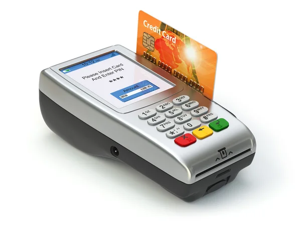 POS terminal with credit card isolated on white. Paying. — Stock Photo, Image