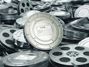 Sinema ya da film kavramı. Video makaraları arka plan. Filmler collectio