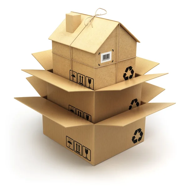 Moving house.  Cardboard box as home isolated on white. Real est — Stock Photo, Image