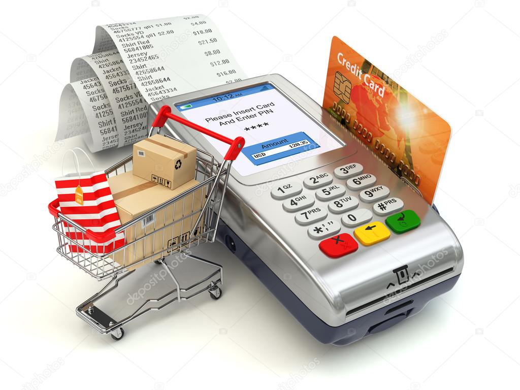 Shopping online concept. Pos terminal with credit card and shopp