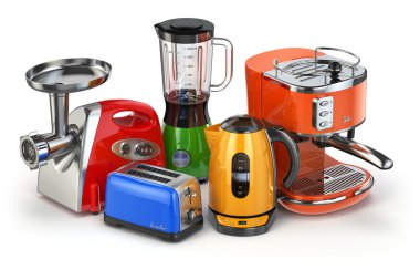 Mutfak aletleri. Blender, ekmek kızartma makinesi, kahve makinesi, et ginde