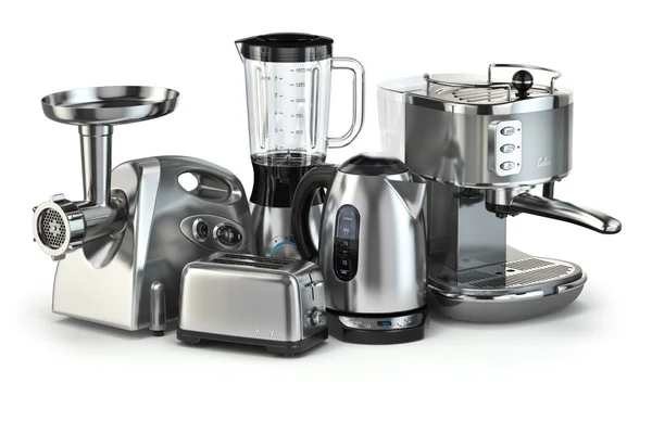 Metallic kitchen appliances. Blender, toaster, coffee machine, m — Stock Photo, Image