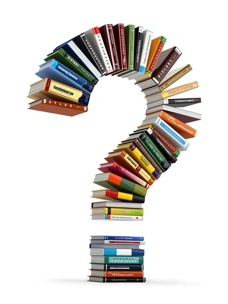 Znak zapytania z książek. Wyszukiwanie informacji lub Faq edication — Zdjęcie stockowe