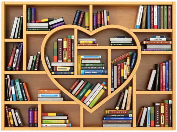 Education concept. Bookshelf with books and textbooks in form of — Stock Photo, Image