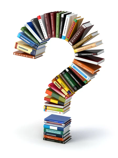 Znak zapytania z książek. Wyszukiwanie informacji lub Faq edication — Zdjęcie stockowe
