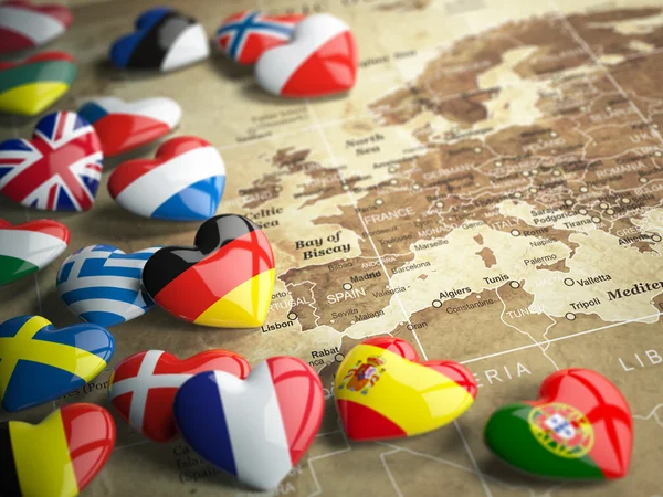 Map of Europe and hearts with flags of european countries. Trave — Stock Photo, Image