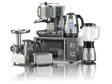 Mutfak aletleri. Blender, ekmek kızartma makinesi, kahve makinesi, et ginde