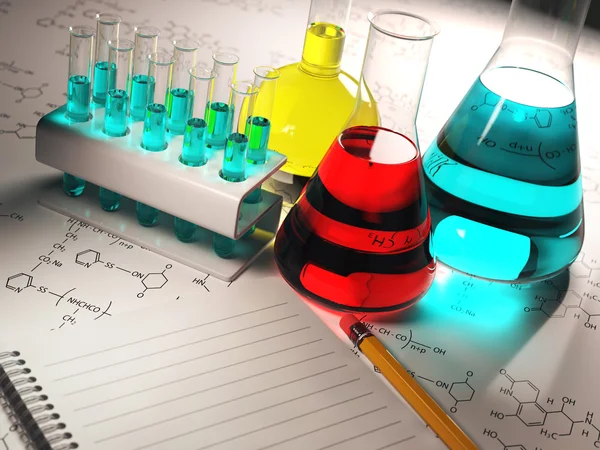 Έννοια χημεία επιστήμη. Εργαστήριο δοκιμής σωλήνες και οι φιάλες με — Φωτογραφία Αρχείου