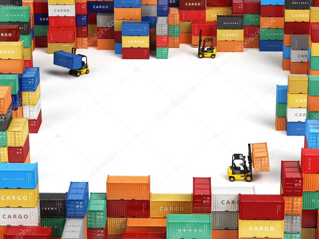 Cargo shipping containers in storage area with forklifts and spa