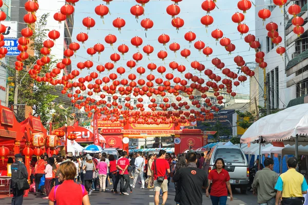 Dozens of Chinese Paper Lanterns Suspended over a Street in Chin — Stok fotoğraf