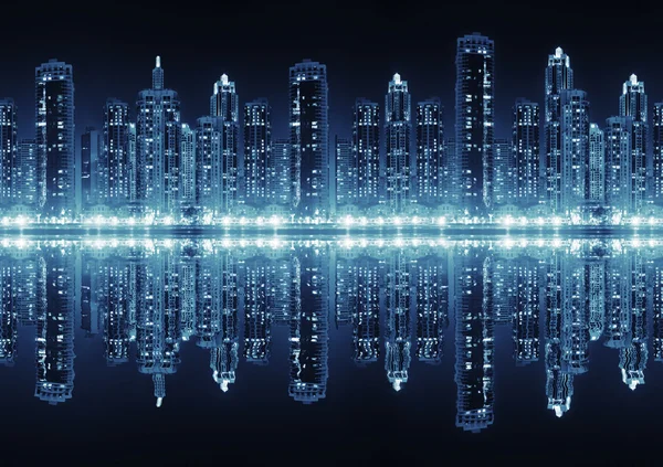 Dikişsiz modern şehir manzarası ile aydınlatılmış skyscrape yüksekliği