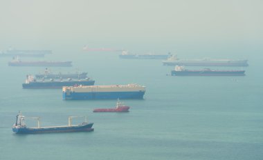 Many Enormous Cargo Ships Anchored in a Harbor