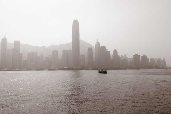 Fog Shrouded Skyline of Hong Kong over the Bay