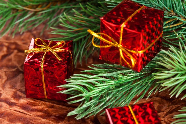 Rama del árbol de Navidad con caja de regalo — Foto de Stock