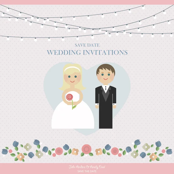 Tarjeta de boda con recién casados — Vector de stock