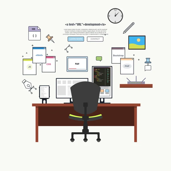 Posto di lavoro del programmatore con due monitor — Vettoriale Stock