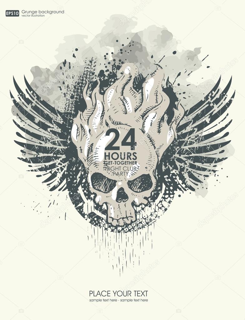 Poster in grunge style with skull in flame