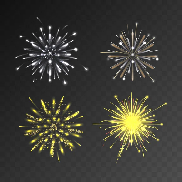 Fuegos artificiales con dibujos festivos estallando chispeante — Vector de stock