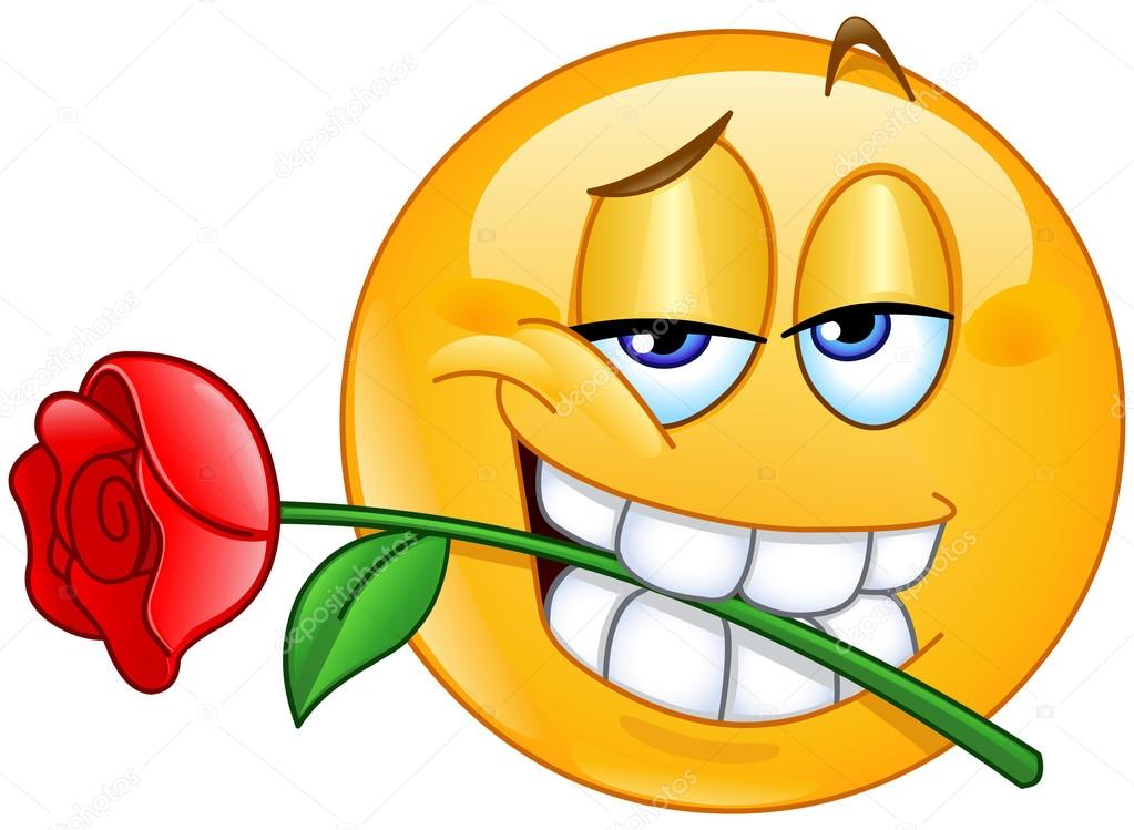 Emoticon with rose between teeth