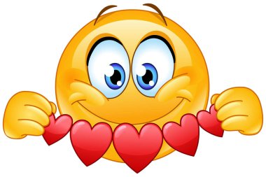 Mutlu emoji simgesi kalp taşıyor, çelenk takıyor kağıt pankart kesiyor.