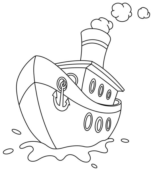 Outlined steam ship with an anchor on the front. Vector line art illustration coloring page.