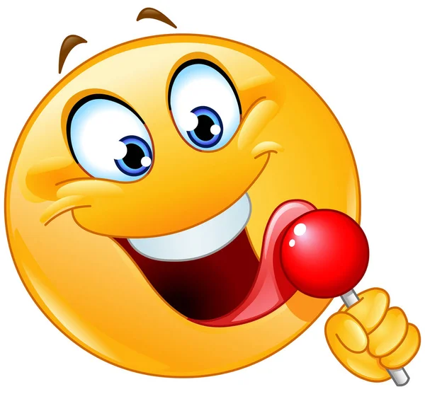 Happy Emoji Emoticon Licking Red Lollipop — Stock Vector