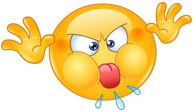 Öfkeli yaramaz emoji ifadesi suratını buruşturuyor, dilini çıkarıyor ve yaramazlık yapmak için elleriyle oynuyor.. 